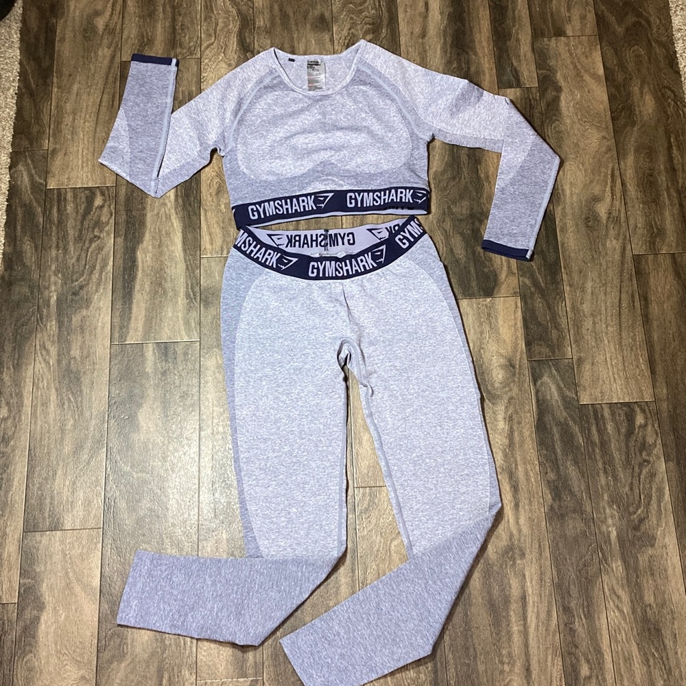 Gymshark Seamless Logo Long Sleeve Crop Top & Leggings Set Heather Blue Size L